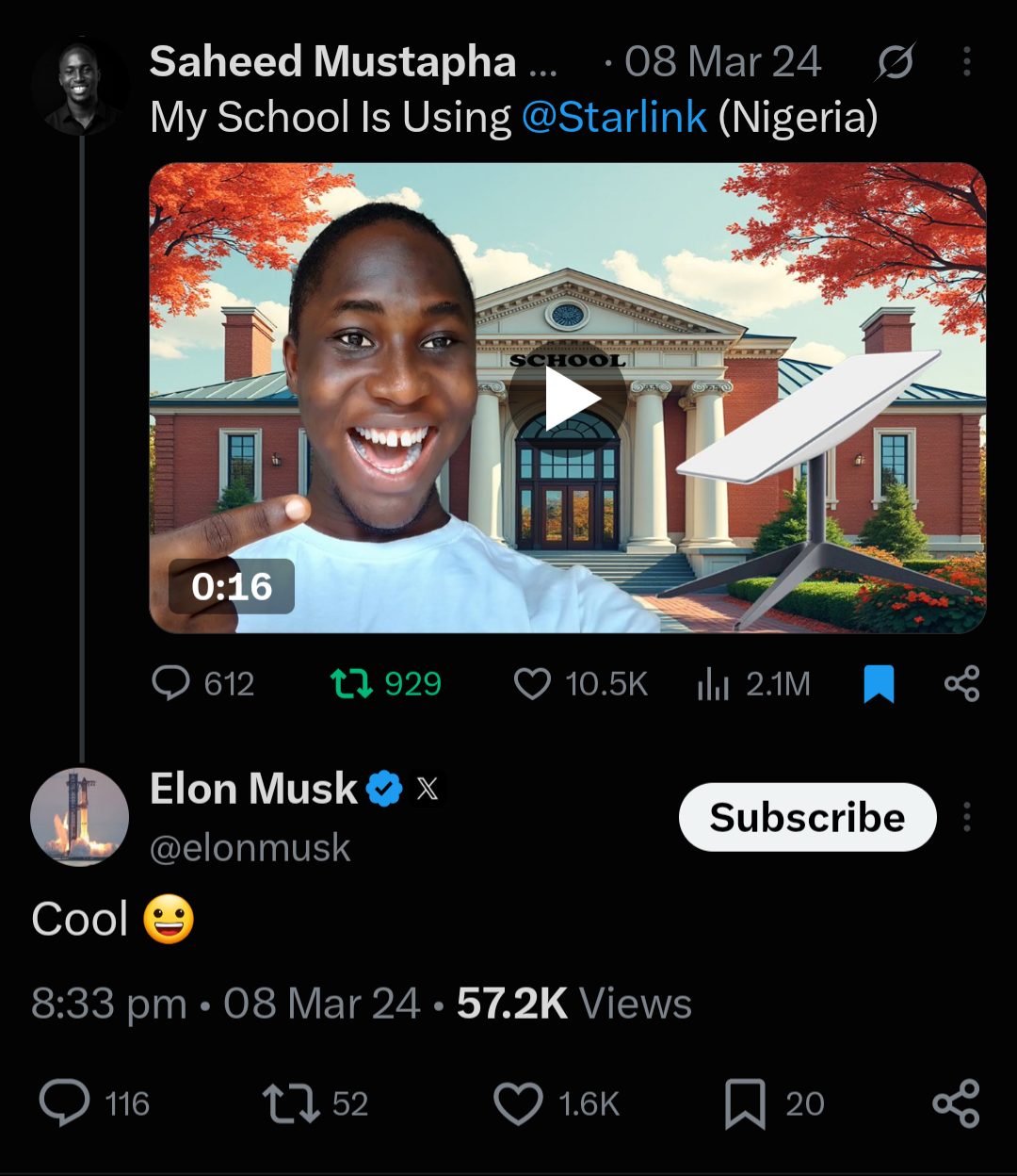 Screenshot of Elon Musk's first reply to @ShedoPumping