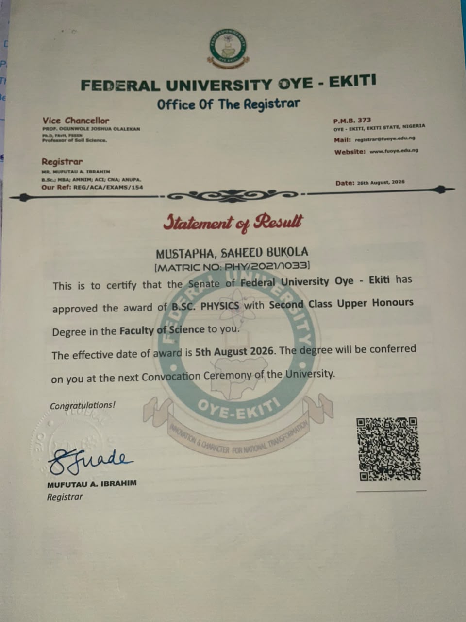 Statement of Result — Saheed Mustapha, B.Sc. Physics, CGPA 3.91/5.0